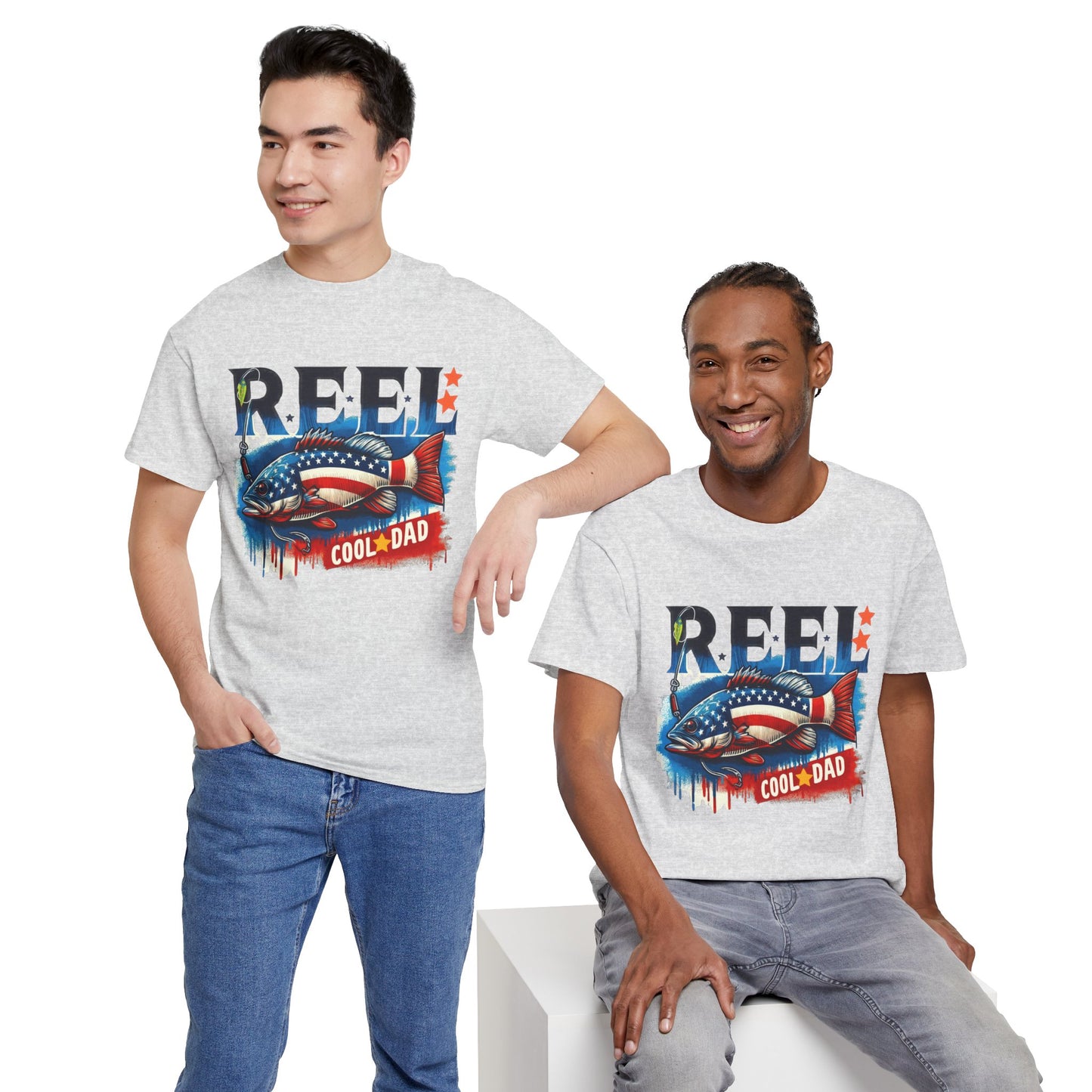 Gildan 5000 "Reel Cool Dad" Tee - Patriotic Fishing T-Shirt for Dads in Four Colors & Many Sizes