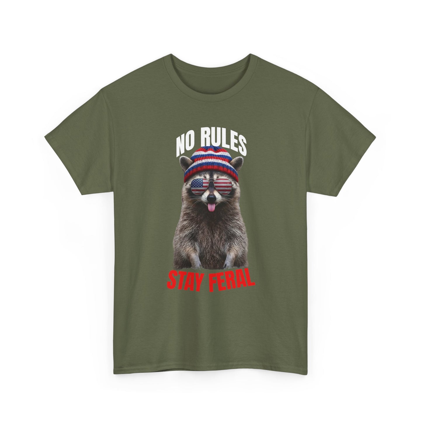 No Rules Stay Feral Raccoon T-Shirt – Funny Patriotic Animal Graphic Tee