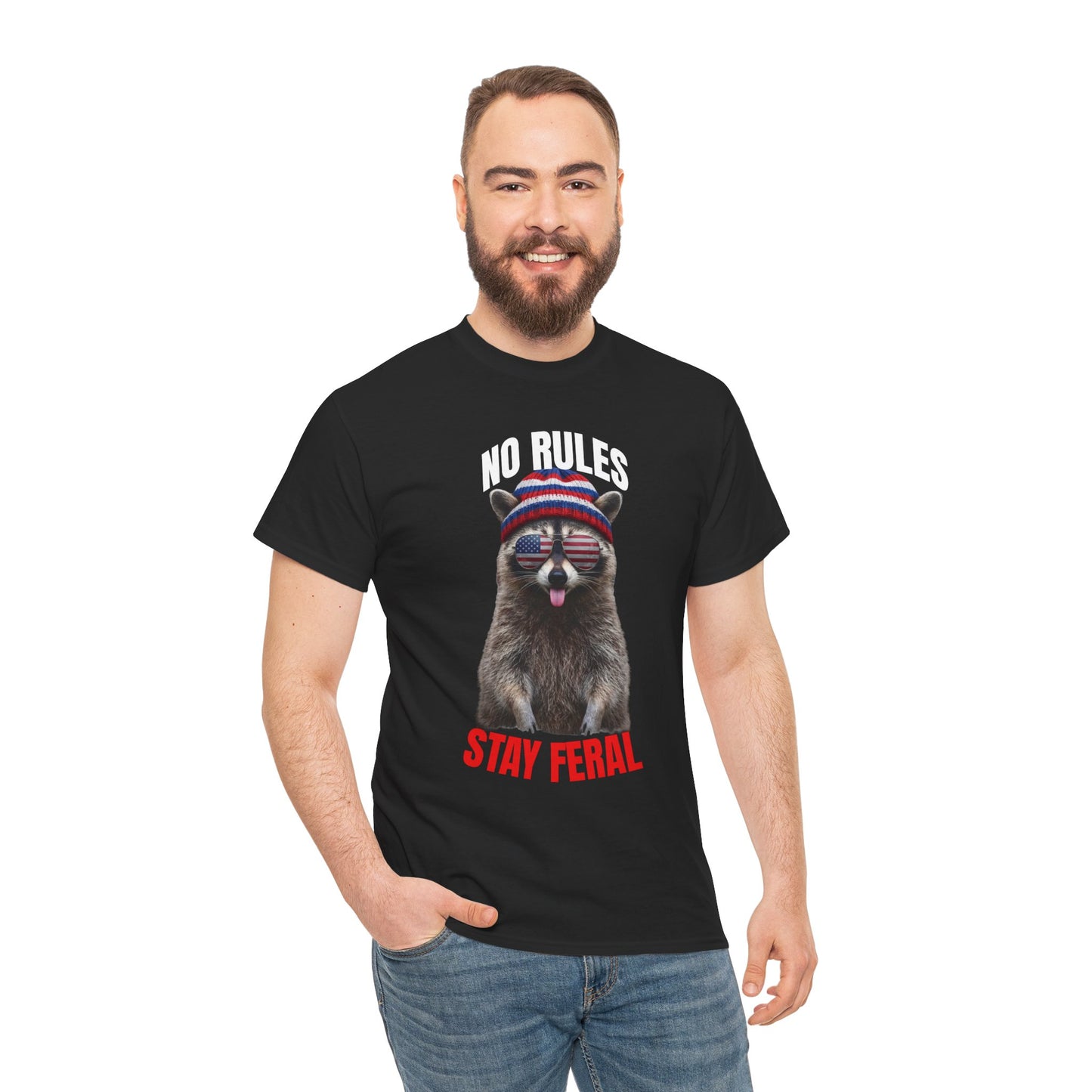 No Rules Stay Feral Raccoon T-Shirt – Funny Patriotic Animal Graphic Tee