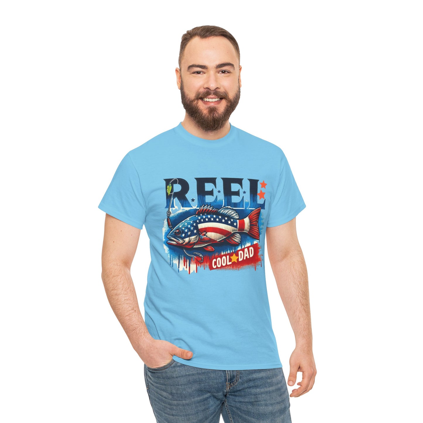 Gildan 5000 "Reel Cool Dad" Tee - Patriotic Fishing T-Shirt for Dads in Four Colors & Many Sizes