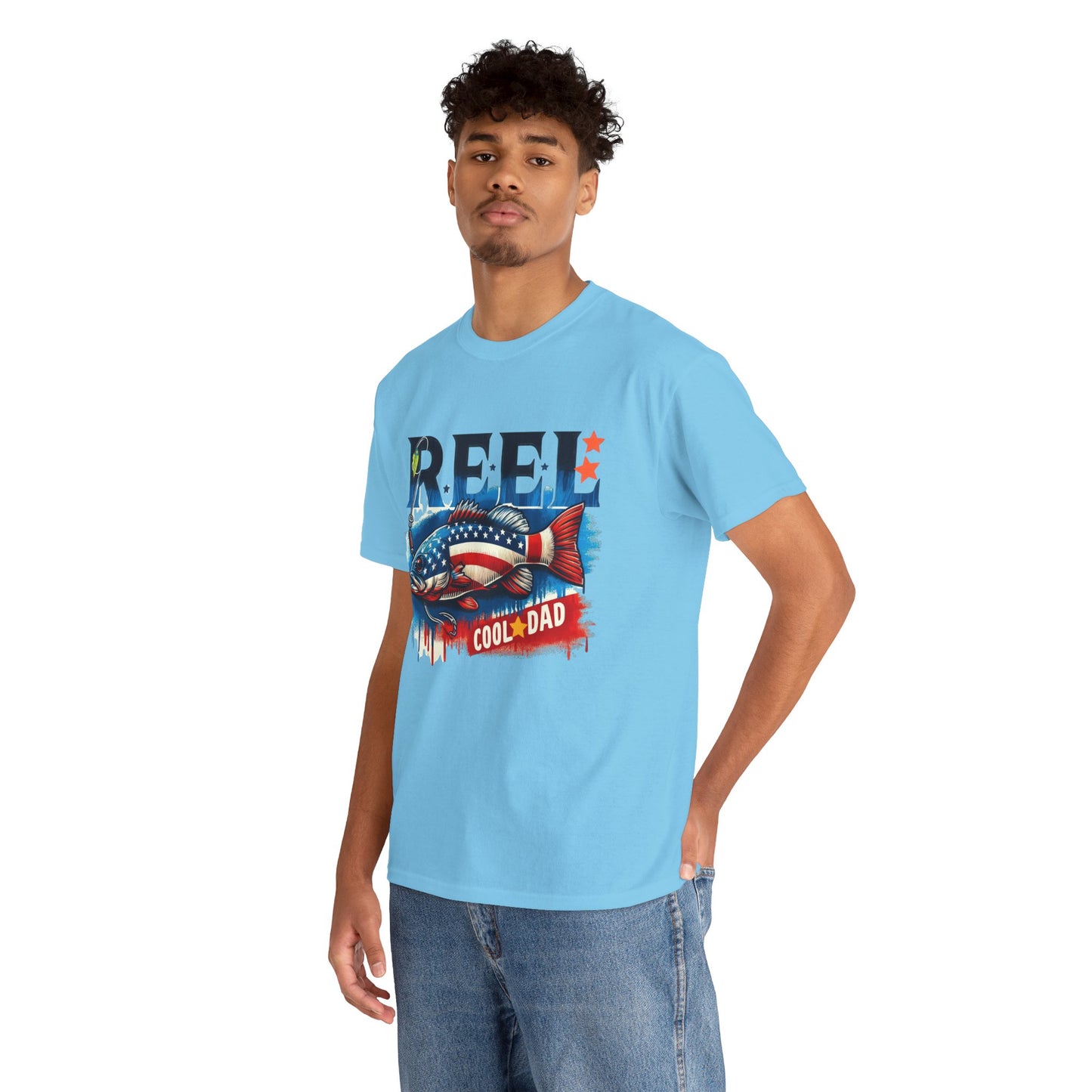 Gildan 5000 "Reel Cool Dad" Tee - Patriotic Fishing T-Shirt for Dads in Four Colors & Many Sizes