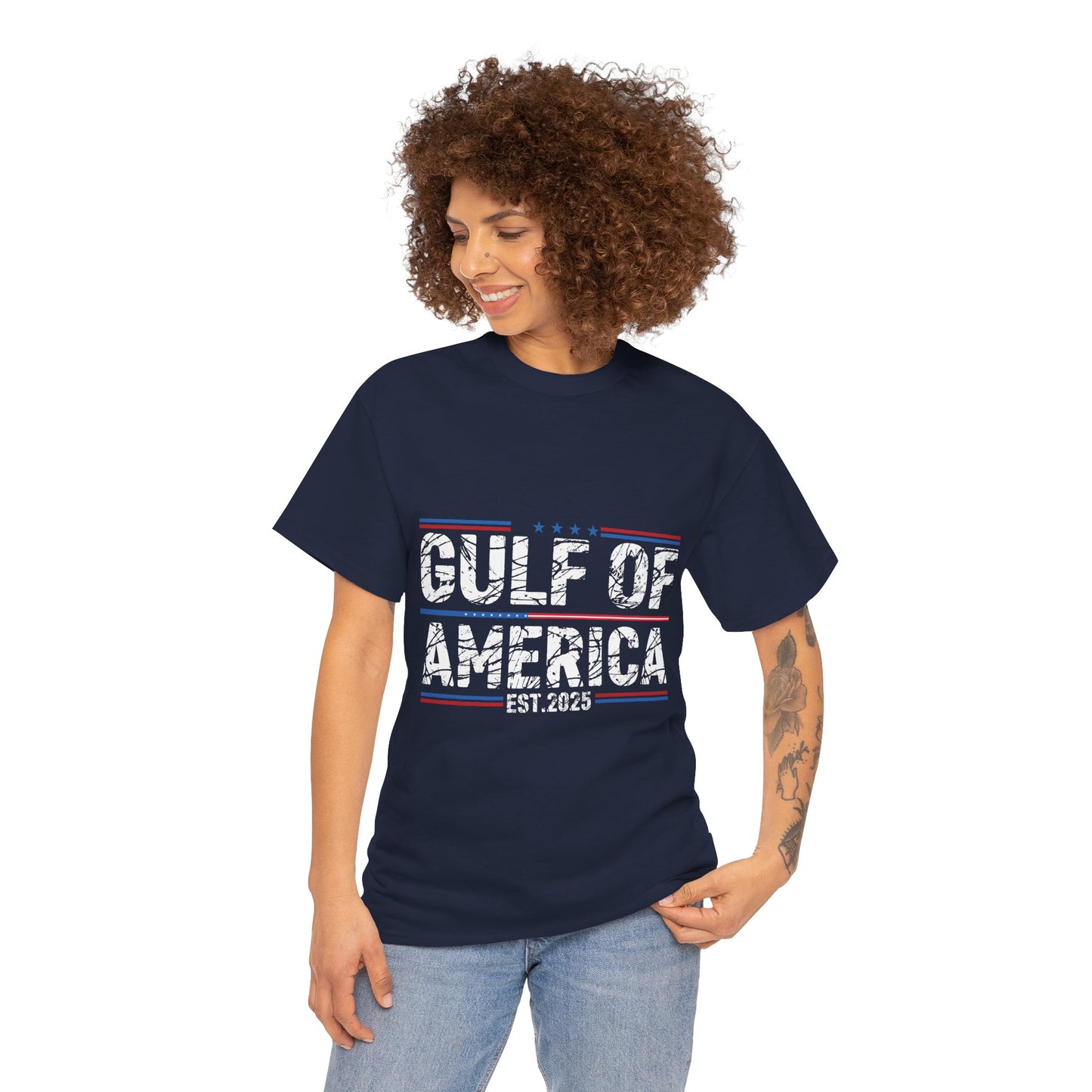 Gildan 5000 Patriotic Unisex Heavy Cotton Tee - Stars and Stripes Design "Gulf of America" Black. Asst. Sizes