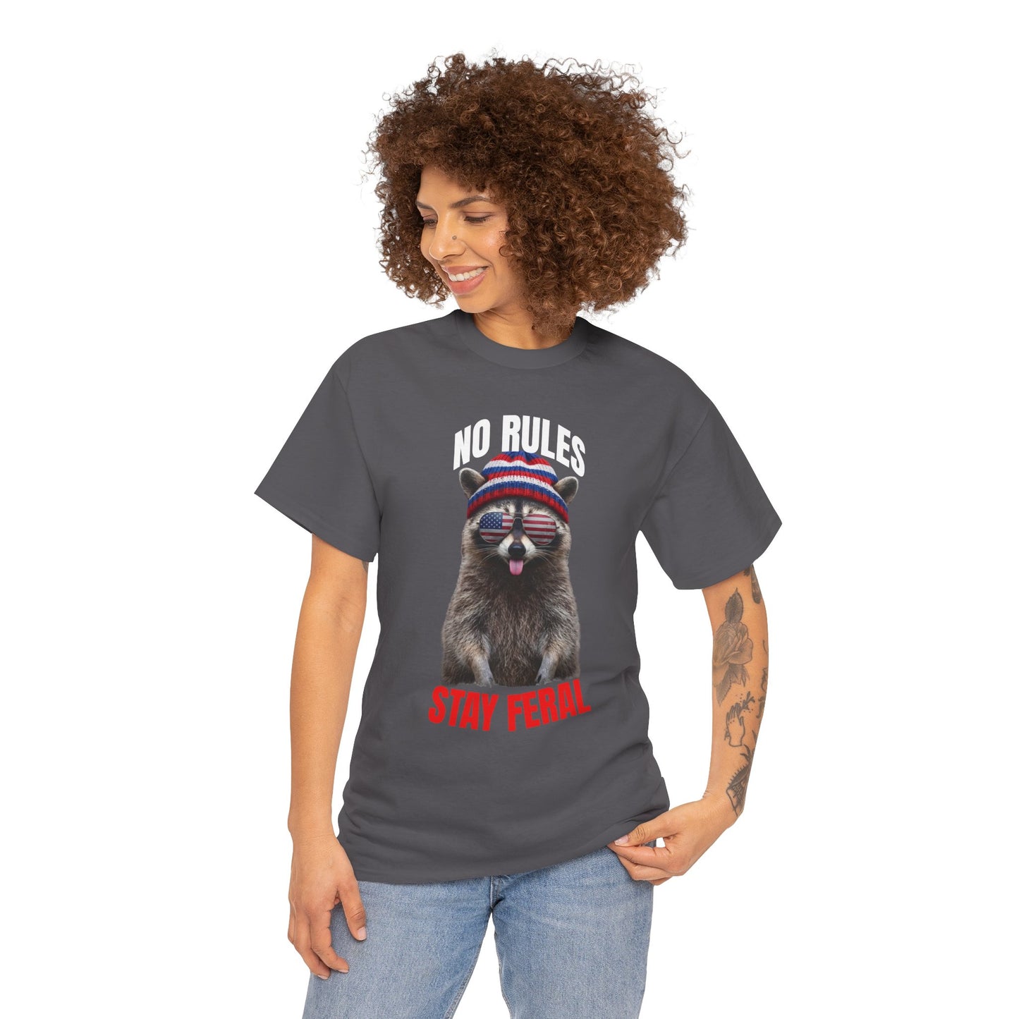 No Rules Stay Feral Raccoon T-Shirt – Funny Patriotic Animal Graphic Tee