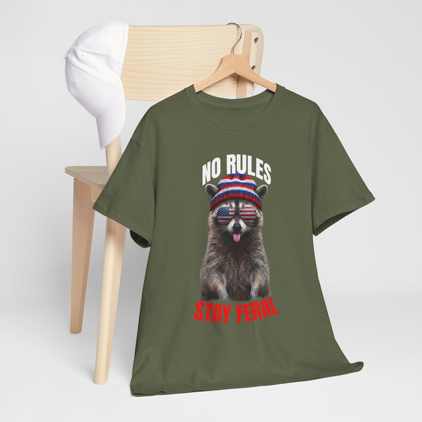 No Rules Stay Feral Raccoon T-Shirt – Funny Patriotic Animal Graphic Tee